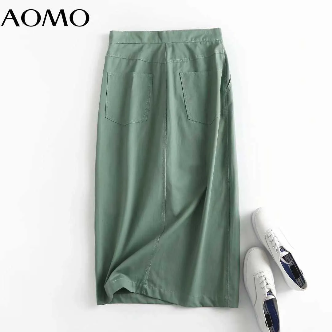 Aomo Mulheres Verde Algodão Midi Saia Faldas Mujer Vintage Zipper Escritório Senhoras elegante Chic Mid Bezerro Saias 4C99A 210629