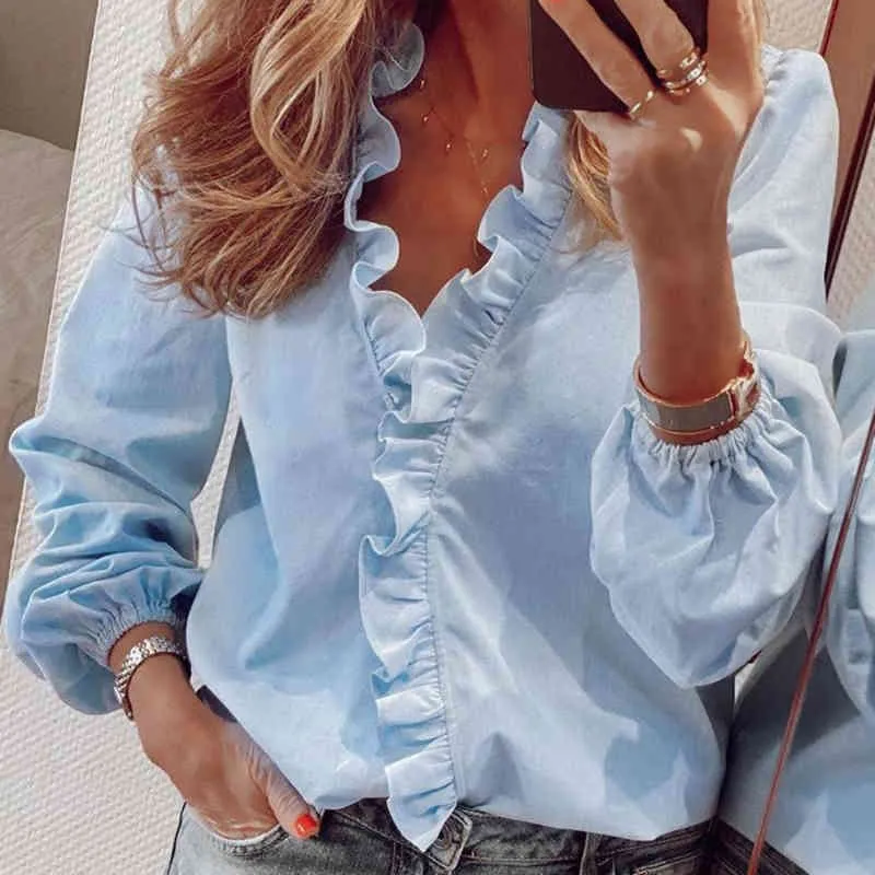 Kobiety Koszula Sexy Ruffles V Neck Długie Rękawy Biurowe Damskie Streetwear Bluzki Solidne Kolor Kobiet Bluzki X0521