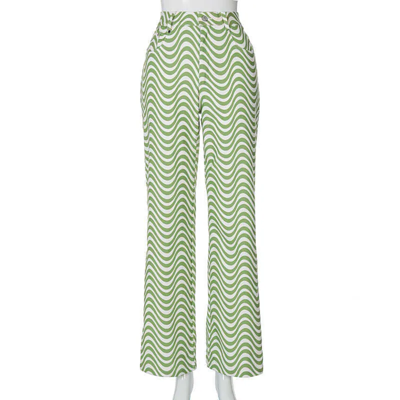 Dulzura 리플 프린트 여성 하이 허리 넓은 다리 바지 청바지 느슨한 스트리트웨어 캐주얼 패션 여름 옷 바지 210706