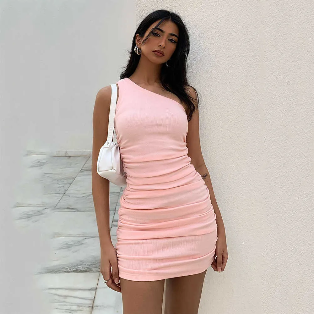 One Shoulder Side Shirring Dress Mini Sexy Summer Sleeveless Vestido Women Casual Knitted Party Dresses Wholesale 210709
