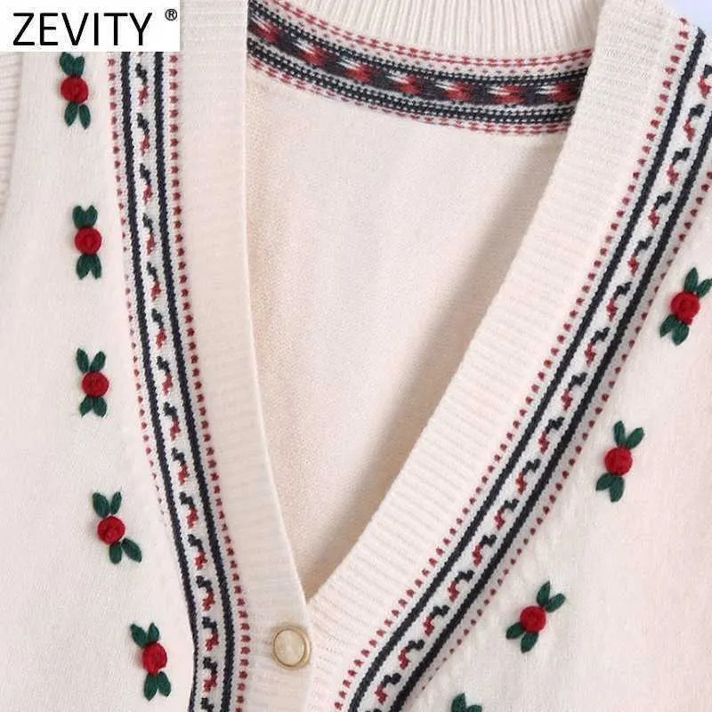 Zevity Women Vintage Handgjorda Virkade Blom- Dekoration Casual Kitting Vest Jacket Lady V Nacke Ärmlös Waistcoat Tops SW705 210603