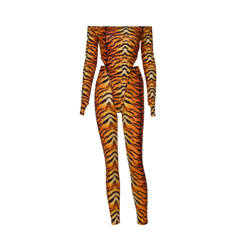 Ezgaga 2 Stück Anzug Frauen Bodysuit Langarm Herbst Slash Neck Off Schulter Leopard Hosen Aushöhlen Sexy Overall Clubwear 210430