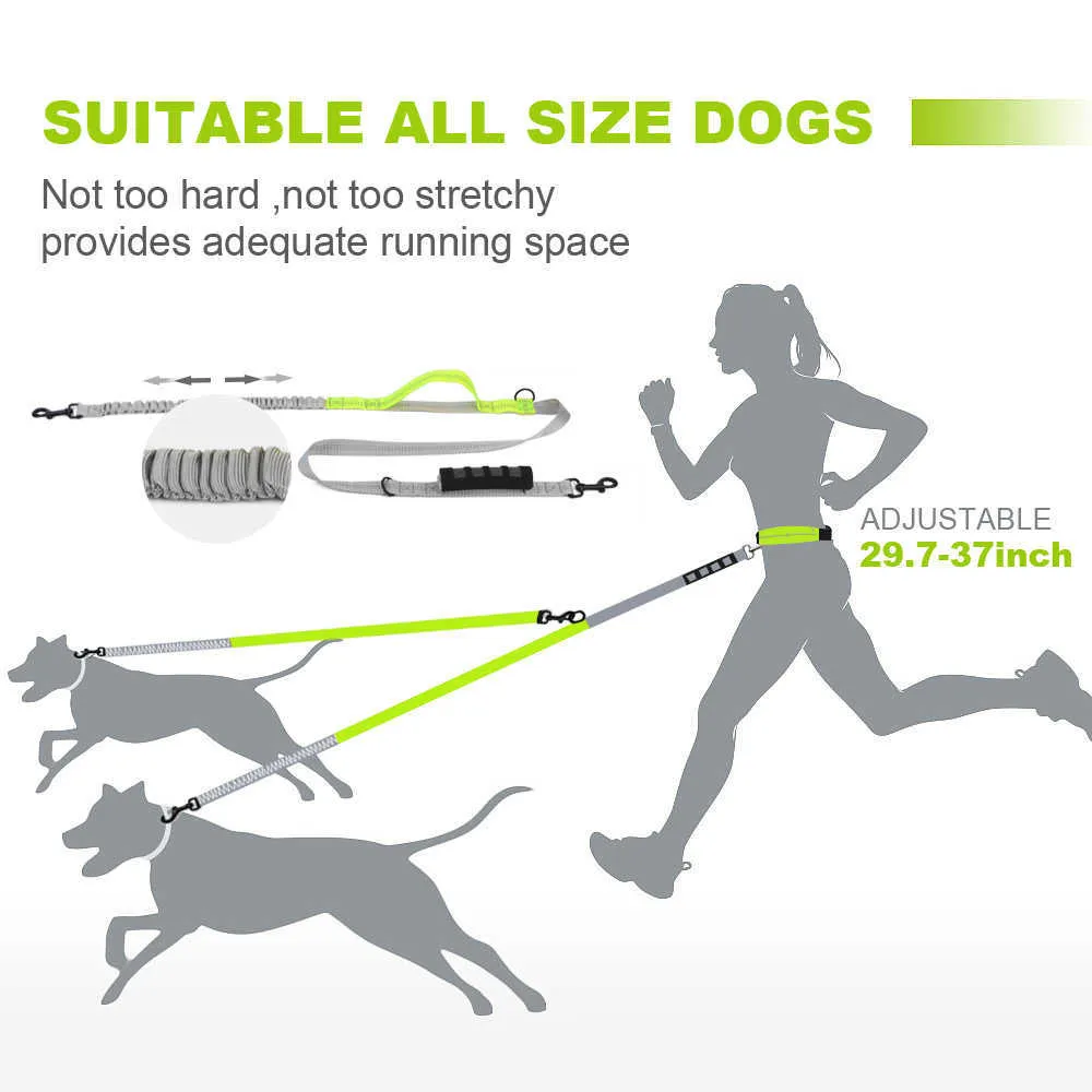 Guinzaglio cani Guinzagli doppi Correre Camminare Elasticità Guinzagli regolabili in nylon riflettente a mano cani di taglia piccola e media 210712