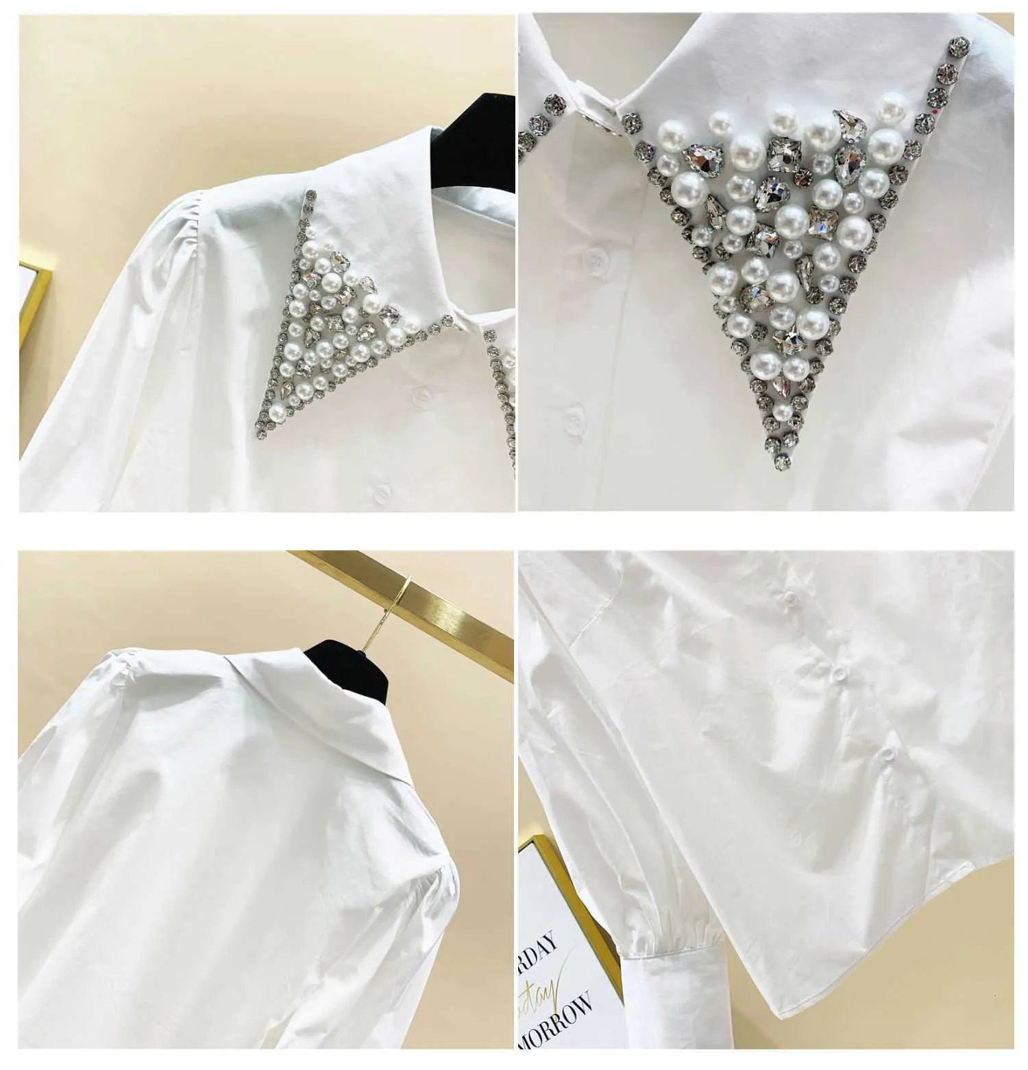 Beaded Diamond Peter Pan Collar Full Vit Skjorta Höst Vinter Design Loose Blouse Women 210615