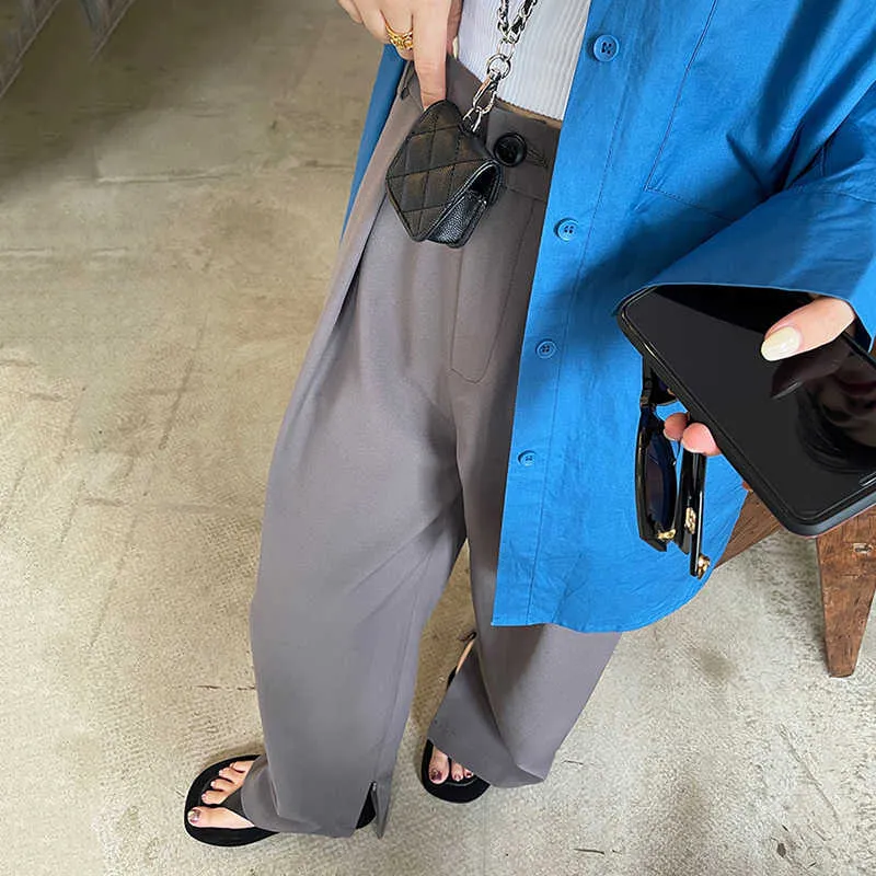 [EAM] Hoge taille grijs geplooid lang brede been casual broek nieuwe losse pasvorm broek vrouwen mode tij lente herfst 2021 1DE1405 Q0801