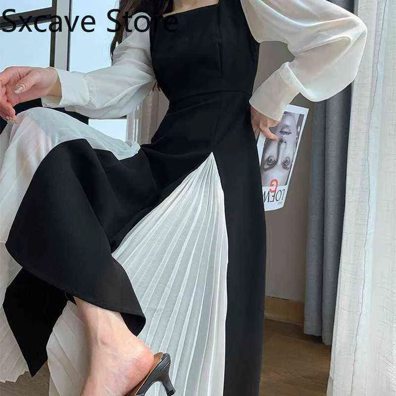 Office Lady Black Vestido elegante Mujeres Francés Vintage Midi Vestido Casual Fiesta Vestido de una pieza Moda coreana 2021 Otoño Chic Y1204