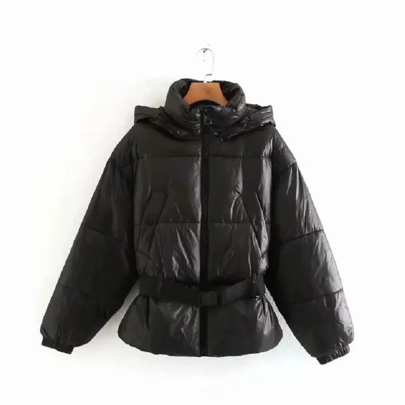 ビンテージシックベルト防水フード付きジャケット冬のファッション女性パーカーエレガントな女性ポケット厚い暖かい綿パッドドコート210520