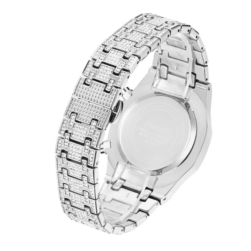 Cagarny relógio masculino com diamantes completos, hip hop, gelado, quartzo, relógio de pulso, prata, à prova d'água, cronógrafo, re251p