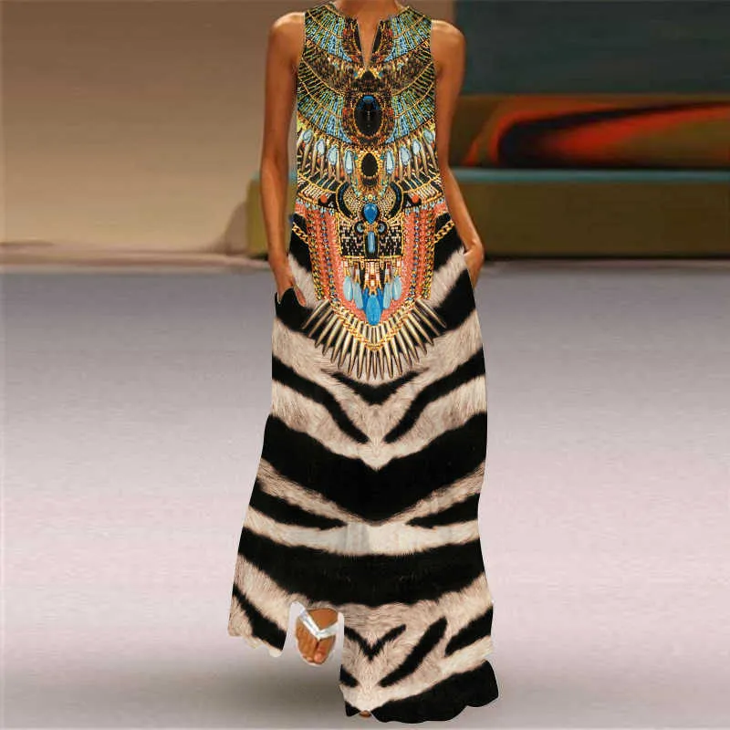 WAYOFLOVE Ethnic Style Stripe Print Dress Casual Plus Size Long Dresses Summer Woman Sleeveless Girl Beach Maxi Dress Women 210602