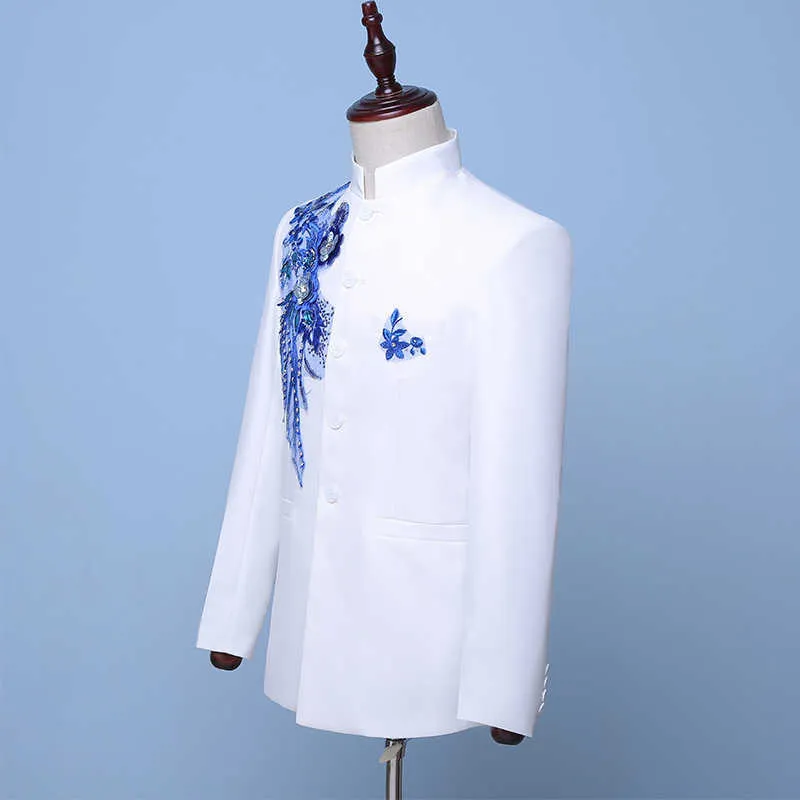 2019 Autumn Chinese Style White Stand Collar Two-Piece Men's Jacket Suits Blue Sequin groom suit CostumesJacket+Pants X0909