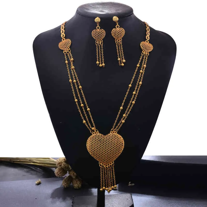 Dubai sieraden sets gouden ketting oorbel set voor vrouwen Afrikaanse hart Frankrijk bruiloft 24 k sieraden Ethiopië bruids geschenken