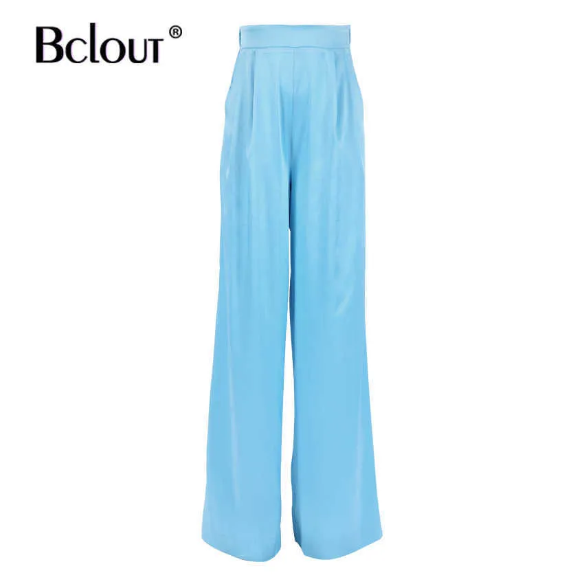 BCLOOT Blue Streetwear Satin Loose Długie Spodnie Kobiety Wysoka Talia Plisowane Szerokie Spodnie Niski Jesień Patchwork Silk Zipper Spodnie 2021 q0801