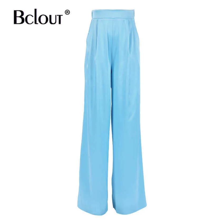 Bclout Blue Streetwear Satin Lösa långa byxor Kvinnor Hög midja Pläterad Brett Benbyxor Höst Patchwork Silk Zipper Byxor 2021 Q0801