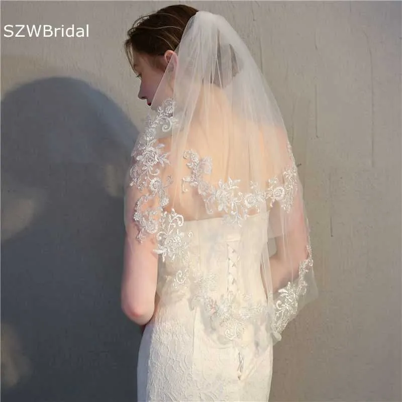 New Arrival Dwie warstwę Krótki Welon Wedding Lace Aplikacja Welony Bridal Casamento Body Tanie Akcesoria ślubne Velos De Novia X0726