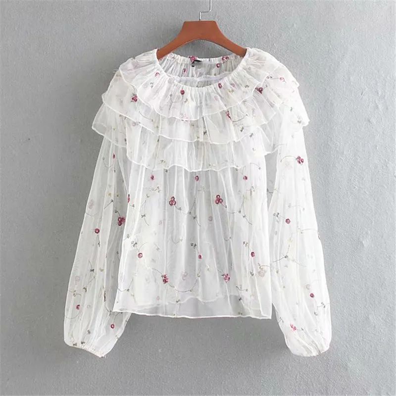 Höst Sweet Floral Embrodery Ruffles Toppar Kvinnor Blusar Långärmad SEV Genom Sexiga Skjortor Blusas Mujer 6 Färg 210430