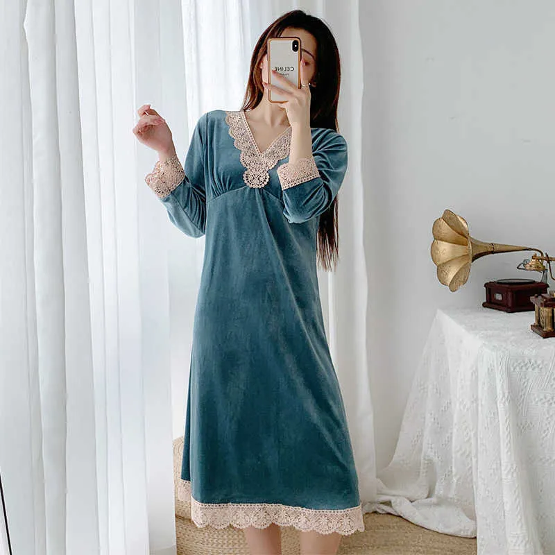 Kvinnors långärmad spets stil knä sammet nattklänningar Slik sova släpkläder kvinnor vintage 210924