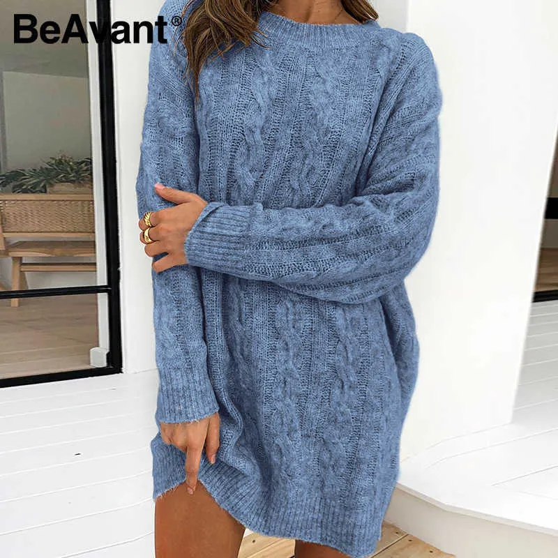 BeAvant Causal Bleu Automne Hiver Femmes Robe tricotée Élégante O-Cou Manches Longues Robe Droite Mode Robe Pull Basique 210709