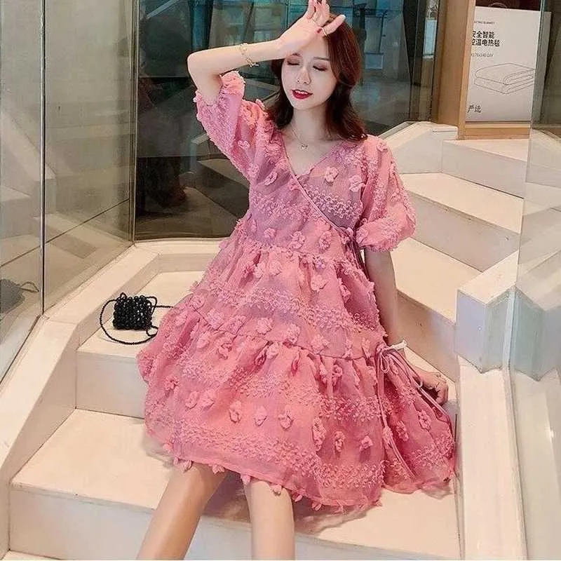 Summer Sweet Sets 3D Floral Puff Sleeve V-cuello A-line Dress + Basic Sling Dresses Mujer coreana Trajes de 2 piezas 6H458 210603