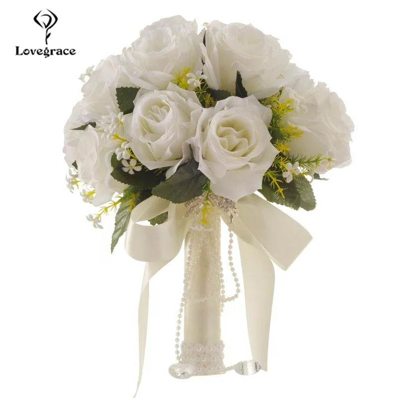 Kwiaty ślubne Białe bukiet ślubny sztuczne róże do druhny Pearl Małżeństwo Akcesoria182e
