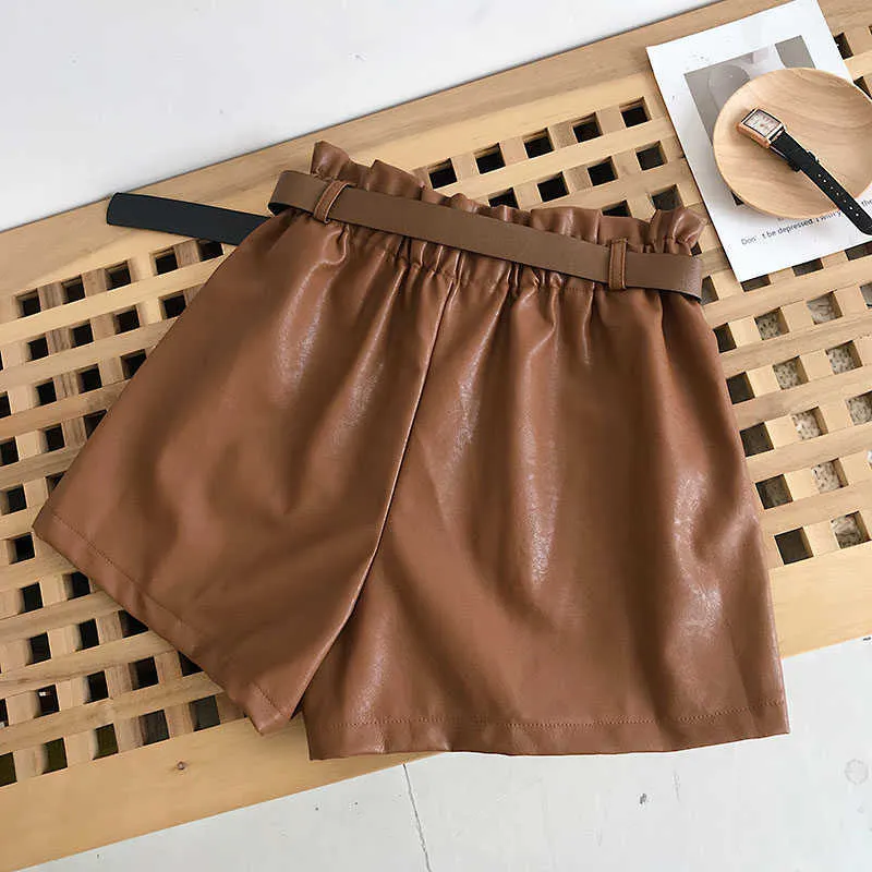Flectit Femmes Paperbag en cuir short avec ceinture Pocket avant d'automne Hiver faux large jambe haute taille kaki tenue * 210719