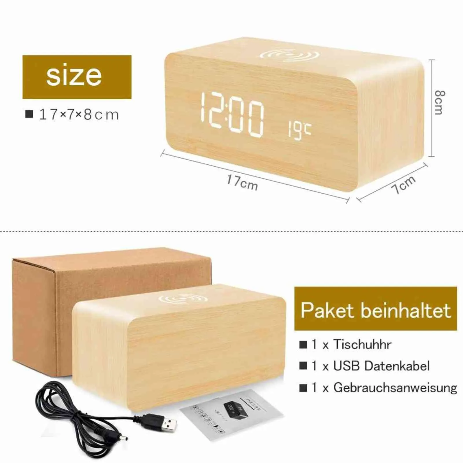 Réveil LED Horloge de bureau en bois numérique Horloge de table avec affichage de la date du chargeur à induction Tapis de chargement sans fil pour iPhone 211111