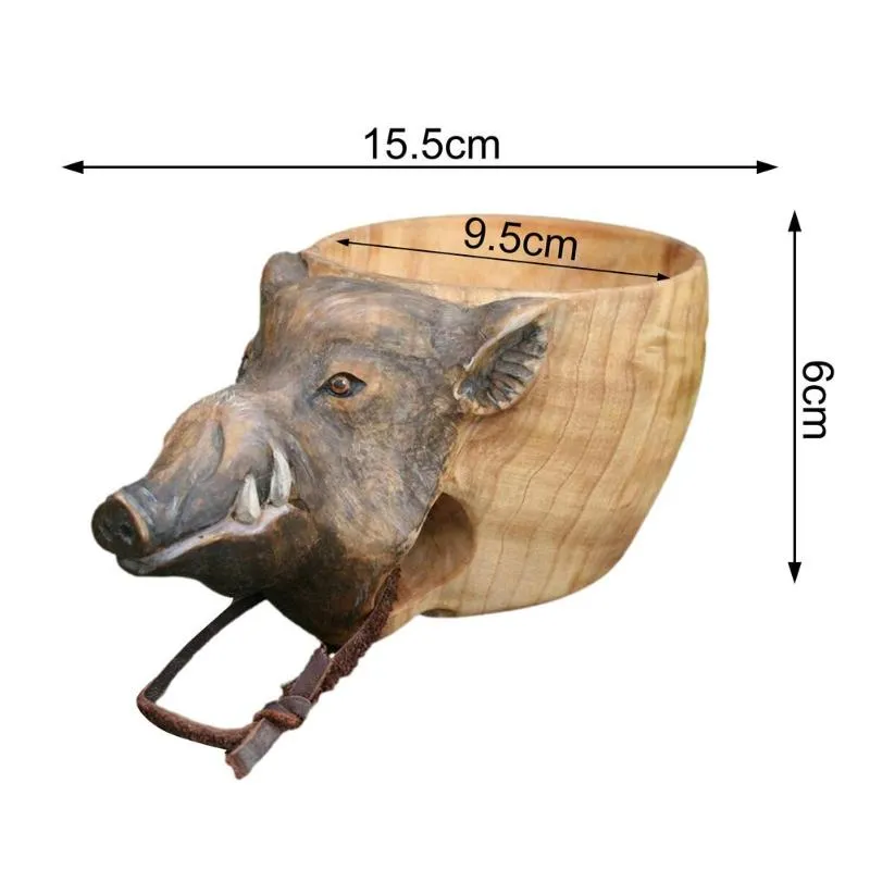 Mokken Kuksa Handgesneden houten mok Guksi Dierenkop Afbeelding Cup Diervorm Draagbare Camping Drinking264c