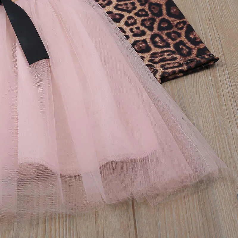 Mädchen Kleid Langarm Mesh Leopard Bogen Prinzessin Mode Kleinkind Baby Kinder Kinder Kleidung 210611