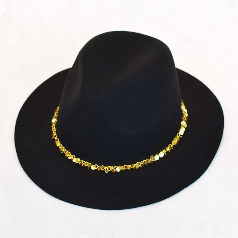 Широкие шляпы Breim Шерсть 100% Fedora для женщины золотые блестки пояса французский стиль Panama мода шляпа джазовый колпачок оптом