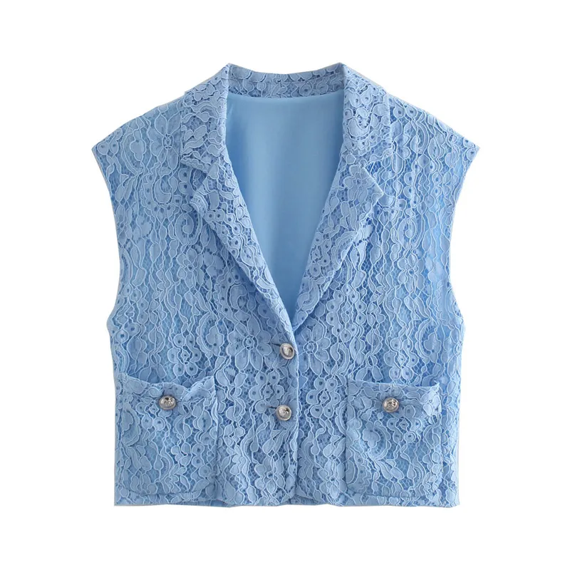 Kvinnors väst Spring och Summer Vest Jacket Ficka Tassel Design Lace Toppar Blå Ärmlös Skjorta Med Lapels 210430