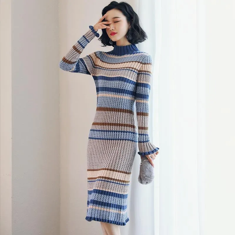 High Quality Women Sweater Dress Full Sleeve Turtleneck Elegant Winter Casual Lady Bodycon Knitted Long Vestidos 210520