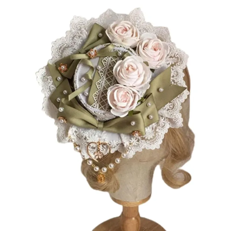 Cappelli a tesa larga Lolita giapponese dolce pizzo mini cappello a cilindro perla in rilievo nastro bowknot fiore rosa fascinators anime cosplay capelli Ac297N