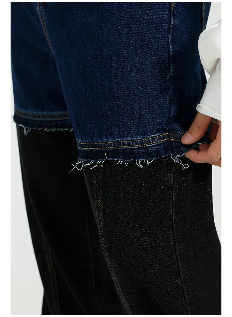 IEFB Korean Streetwear Fashiopn Męskie Kolor Blok Patchwork Dżinsowe Spodnie Raw Krawędź Split Dżinsy Vintage Design 9Y5071 210524
