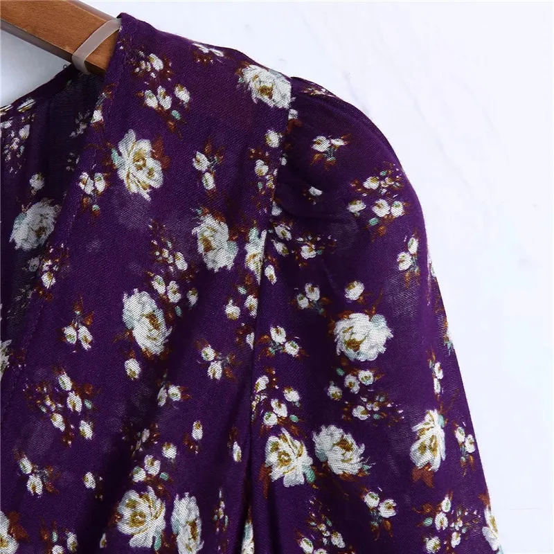 紫色の花のミニドレス女性秋冬フリル長袖女性弾性ウエストエレガントなヴィンテージES 210519