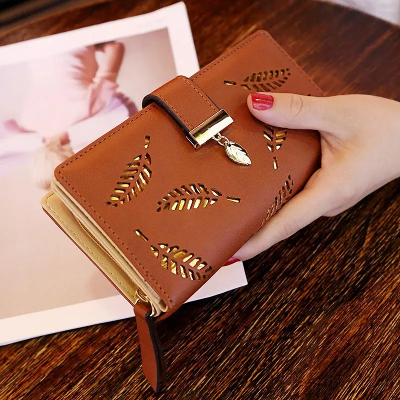 Wallets Women's Wallet Portfel Female Long Gold Hollow Leaves Pouch Handbag For Women Coin Purse Card Holders Portefeuille Fe2421