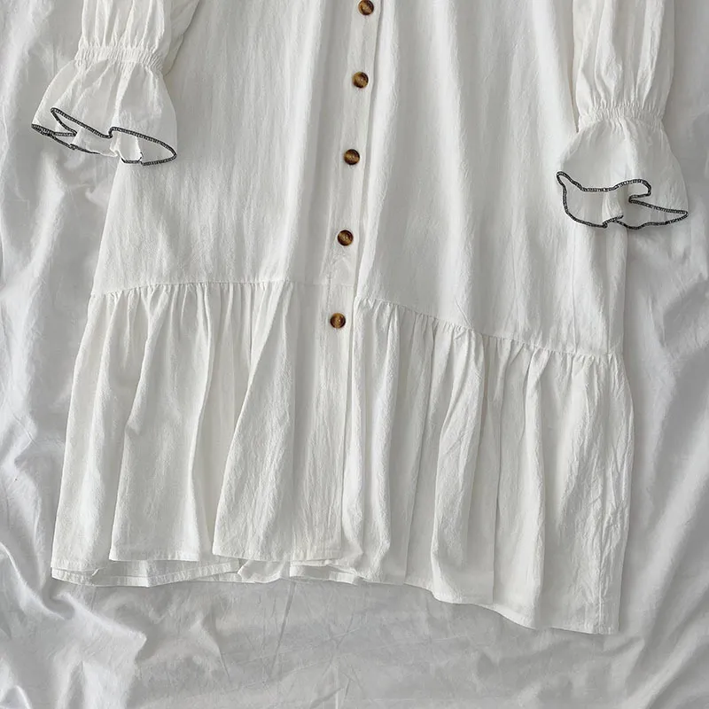 Kimutomo Eleganckie stałe sukienki Kobiety Peter Pan Collar Bow Lace-Up Rękaw Rękaw Single Breasted Vestido de Mujer Wiosna 210521