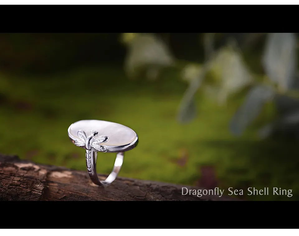 Vintage Dragonfly Real Silver 925 Ring Natuurlijke Shell Creatieve Handgemaakte Designer Fijne Sieraden