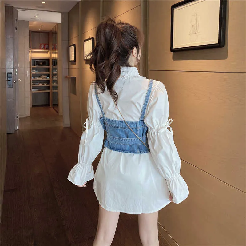 Koreanska eleganta kvinnor blus uppsättningar Bow Tie Puff Sleeve Ruffle Now-down Collar + Sashes Slim Demin Vest 210529