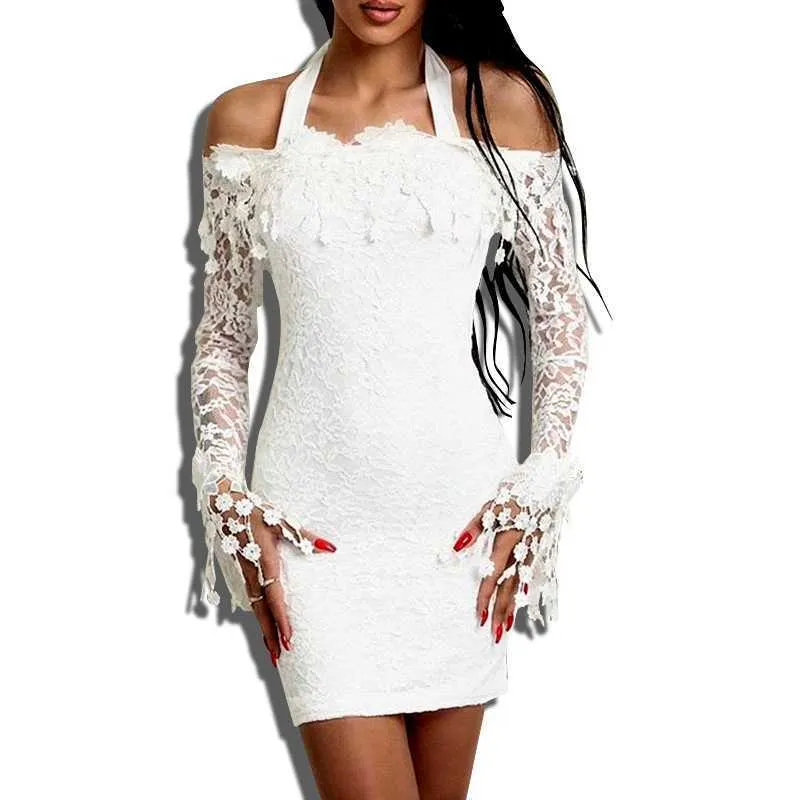 Kvinnor Kväll Sexig 3D Lace Floral Klänningar Av Axel Hollow Out Långärmad Formell Midi Party White Dress Robe de Soiree 210709