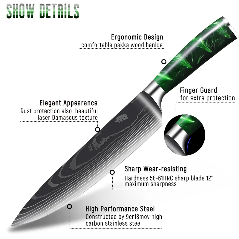 Нож для шеф-повара Установлен лазерный шаблон Damascus, острые кухонные ножи, инструмент для приготовления пищи из нержавеющей стали Santoku Cleaver нарезка Утилита Зеленая смола