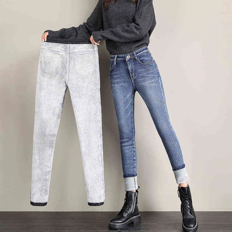 Wixra Basic Jeans donna Matita Pantaloni di velluto Inverno Donna Streetwear Vintage Blu Vita alta Femme Pantaloni lunghi in denim 211129