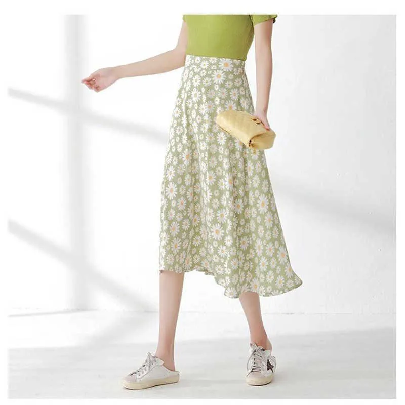 Korean Daisy Chiffon Printed Women Midi Skirts High Waist Casual Slim Female Long Skirt vintage Summer Fashion Ladies Bottoms 210619