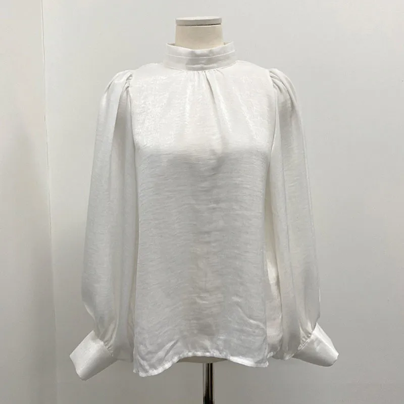 봄 가을 여성 블라우스 한국 단색 스탠드 칼라 긴 소매 셔츠 랜턴 슬림 얇은 여성 탑스 LL373 210506