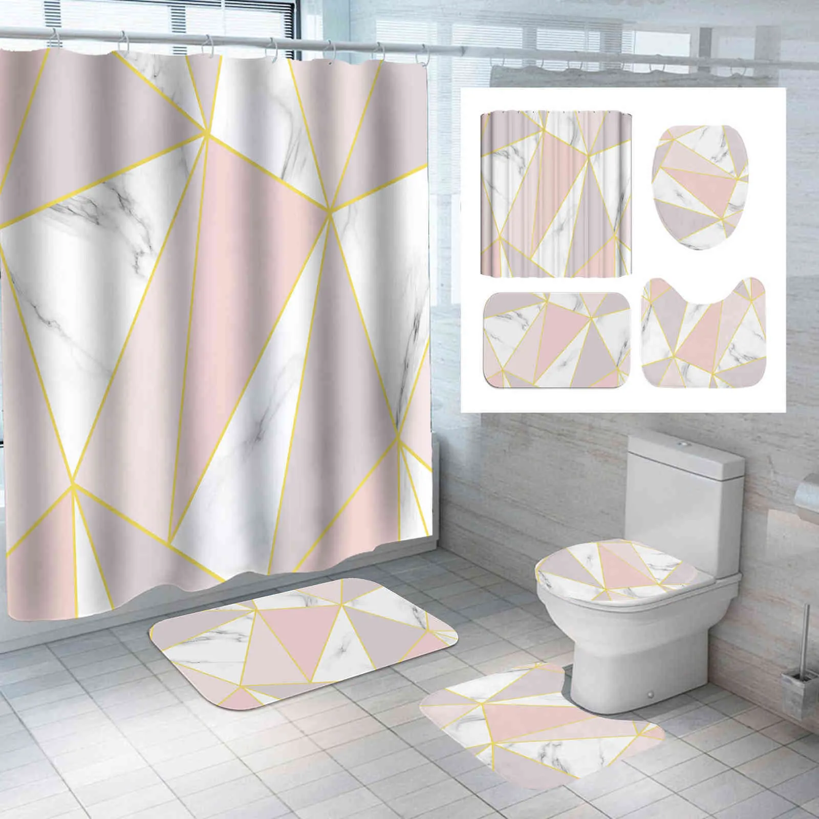 Poliester Curtain Kurtyna łazienkowa z zasłoną prysznicową i dywaniki Pokrywa toaleta Akcesoria łazienkowe Zestaw kurtyny łazienkowej 211116