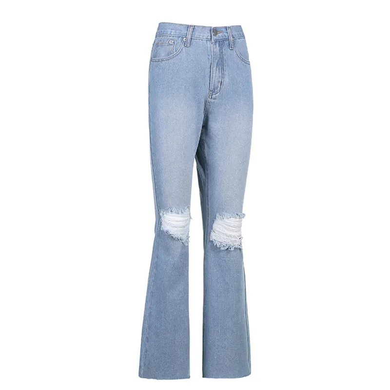Kayotualar Kadın Kot Trendy Yıpranmış Yırtık Yetişkin Yüksek Bel Flared Bahar Sonbahar Skinny Denim Pantolon S / M L XL XXL 210522