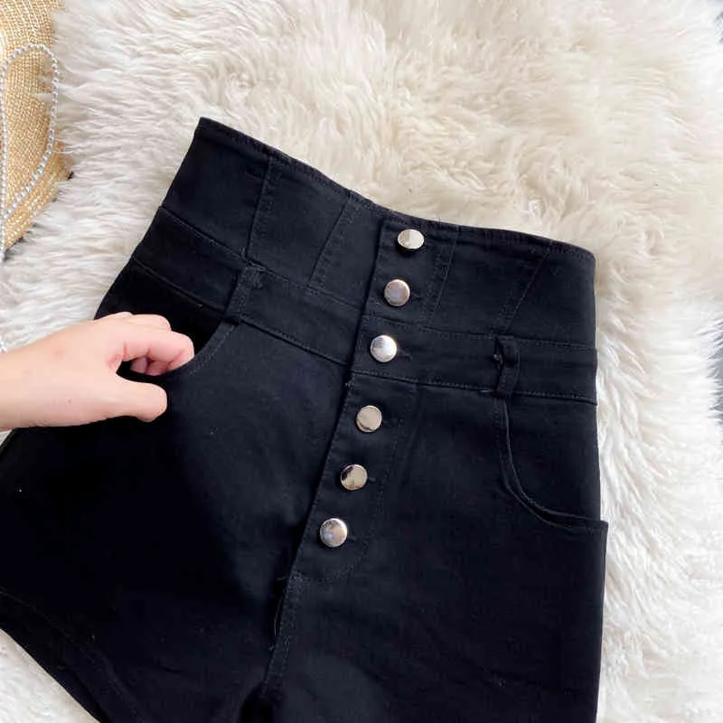 Kobieta Lato Vintage Czarne dżinsy Spodenki Damskie Przycisk Fly Single-Breasted High Paisted Kobiece Skinny Spodnie 210525