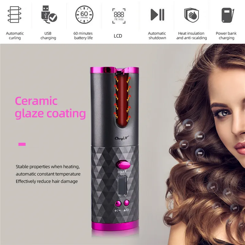 USB wiederaufladbare Auto Keramik Eisen Waver Haar Curler LED Display Curling Roller Welle Automatische Rotierende Haar Styling