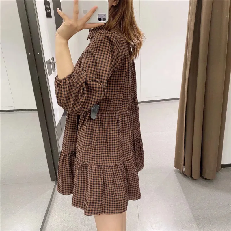 Vintage vichy Plaid Mini robe femmes automne hiver col manches bouffantes à volants femme Harajuku lâche décontracté es 210519