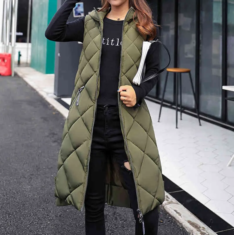 여성용 긴 코트 조끼 후드 민소매 겨울 따뜻한 주머니 퀼트 재킷 복어 와이익 코트 야외 # 211220