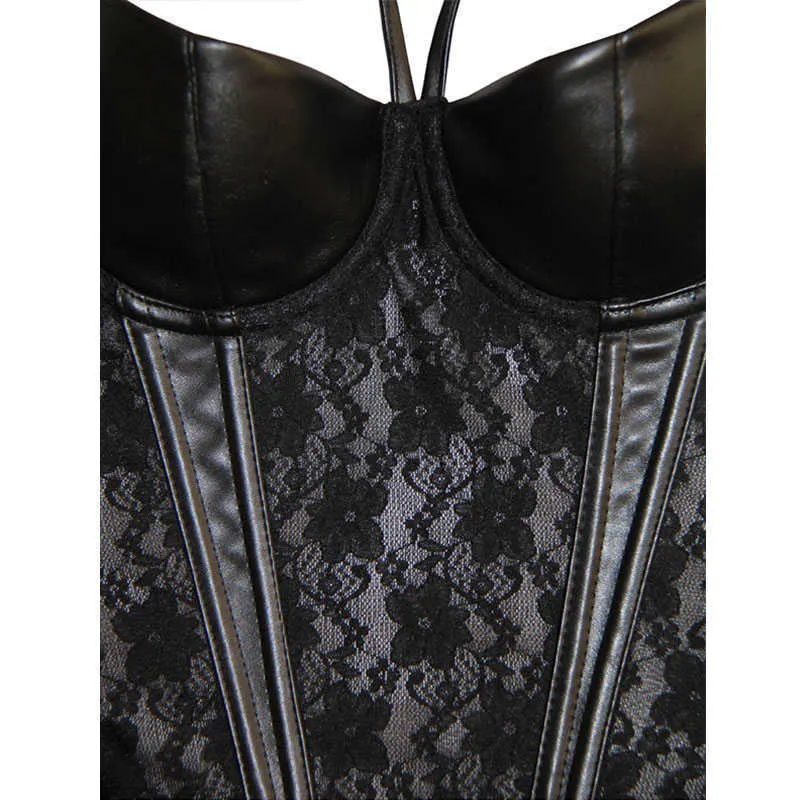 Gothic Womens Sheer Lace Vinyl Leather Overbust Corset Bustier Plus Size Black Spaghetti Strap Slim Waist Cincher Bodyshaper 3XL-W5722-1 (8)