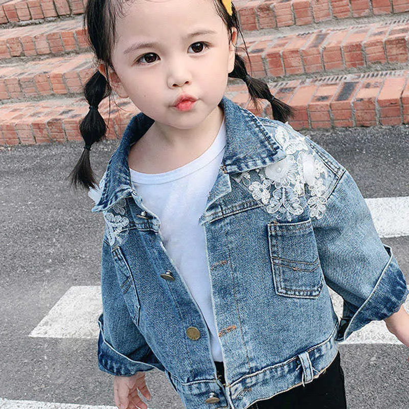 Lente en herfst denim jas Koreaans meisje kant losse korte casual topknop cardigan baby kinderen kledingg 210625